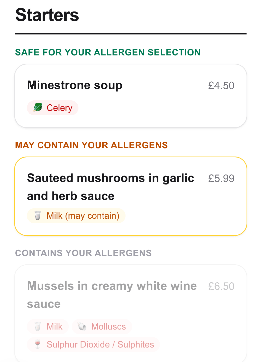 A restaurant menu on Mint with dishes grouped into safe, may contain, and contains your allergens