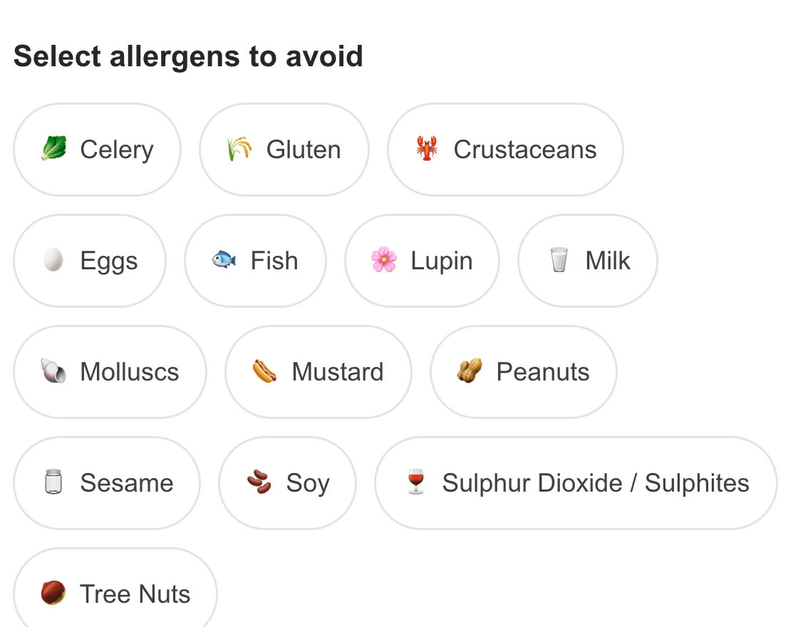 The Mint allergen picker showing the 14 UK allergens as selectable options